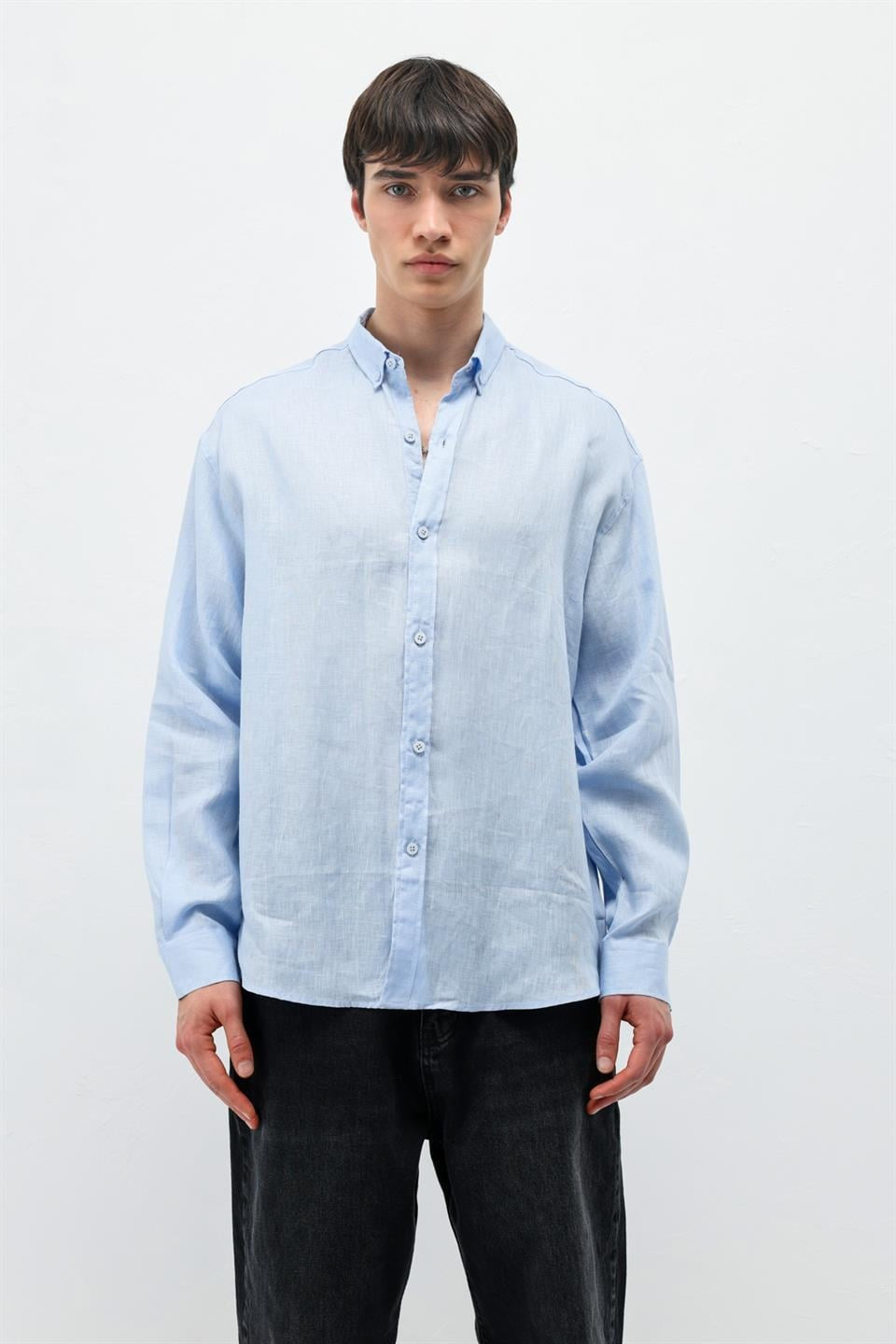 %100 Keten Oversize Uzun Kollu Gömlek