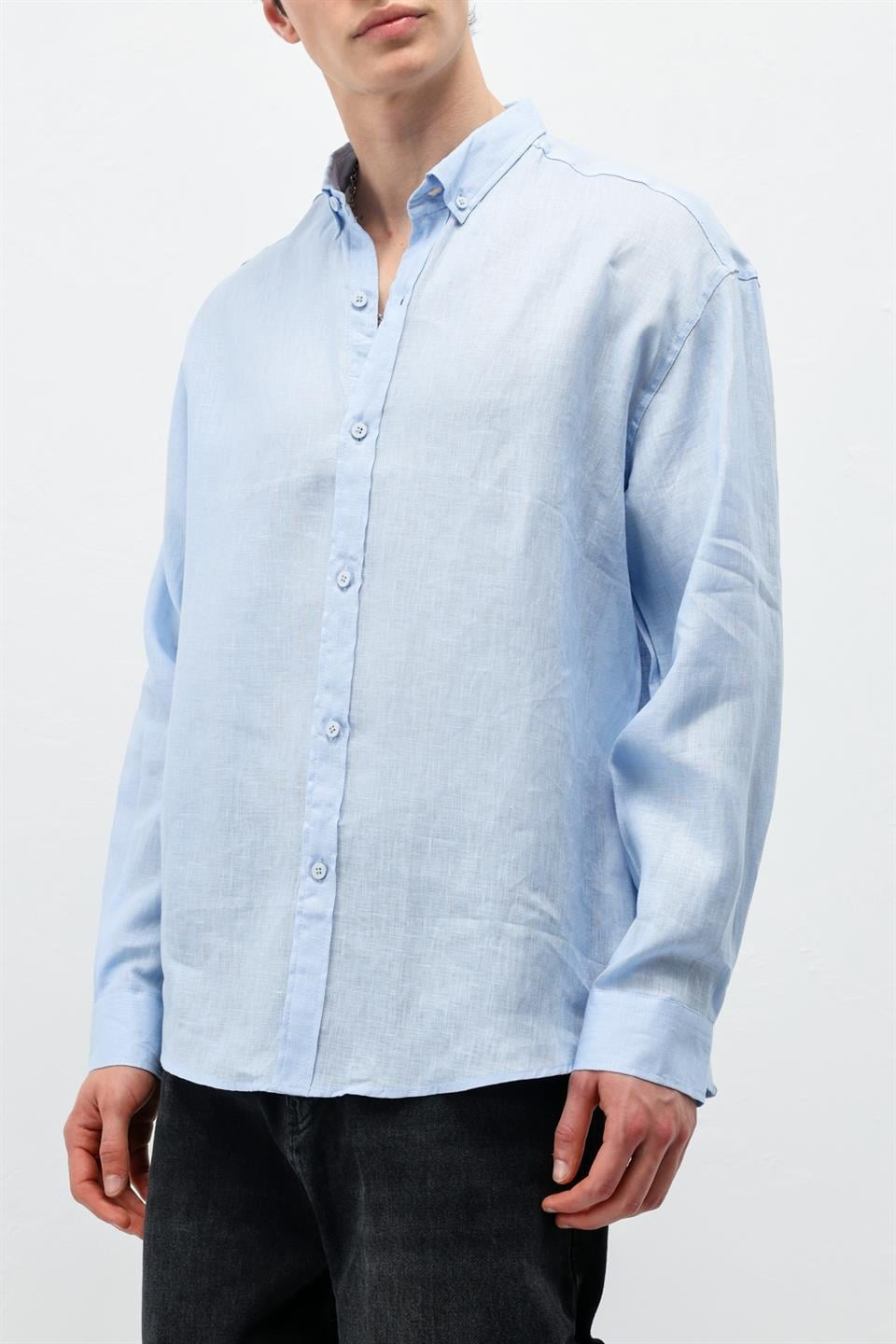%100 Keten Oversize Uzun Kollu Gömlek