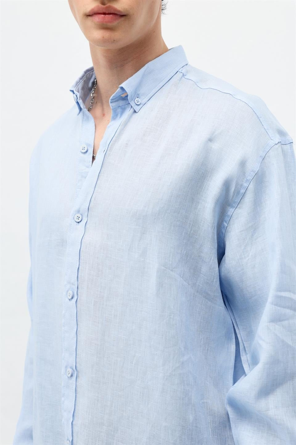 %100 Keten Oversize Uzun Kollu Gömlek