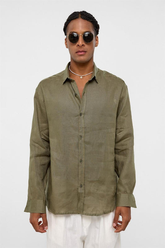 %100 Keten Oversize Uzun Kollu Gömlek