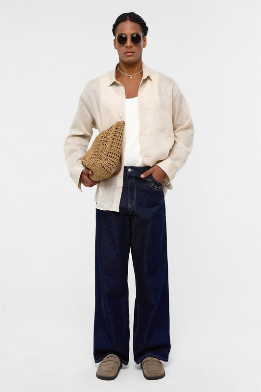 %100 Keten Oversize Uzun Kollu Gömlek