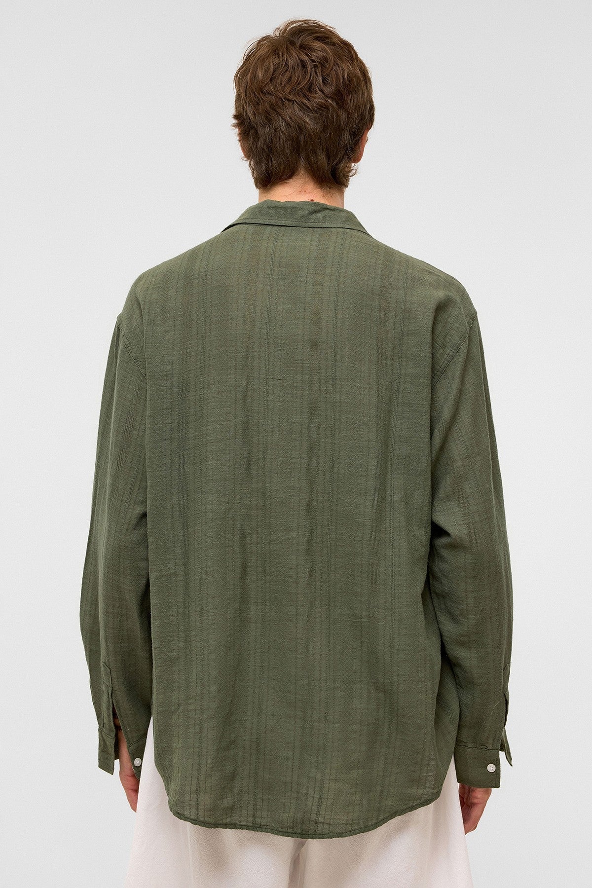 Oversize Çizgili Uzun Kollu Keten Gömlek