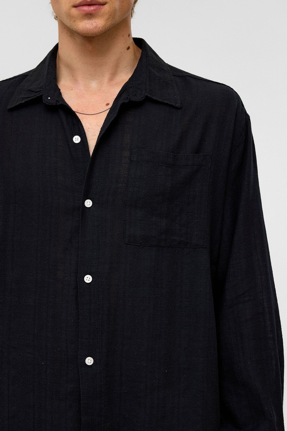Oversize Çizgili Uzun Kollu Keten Gömlek