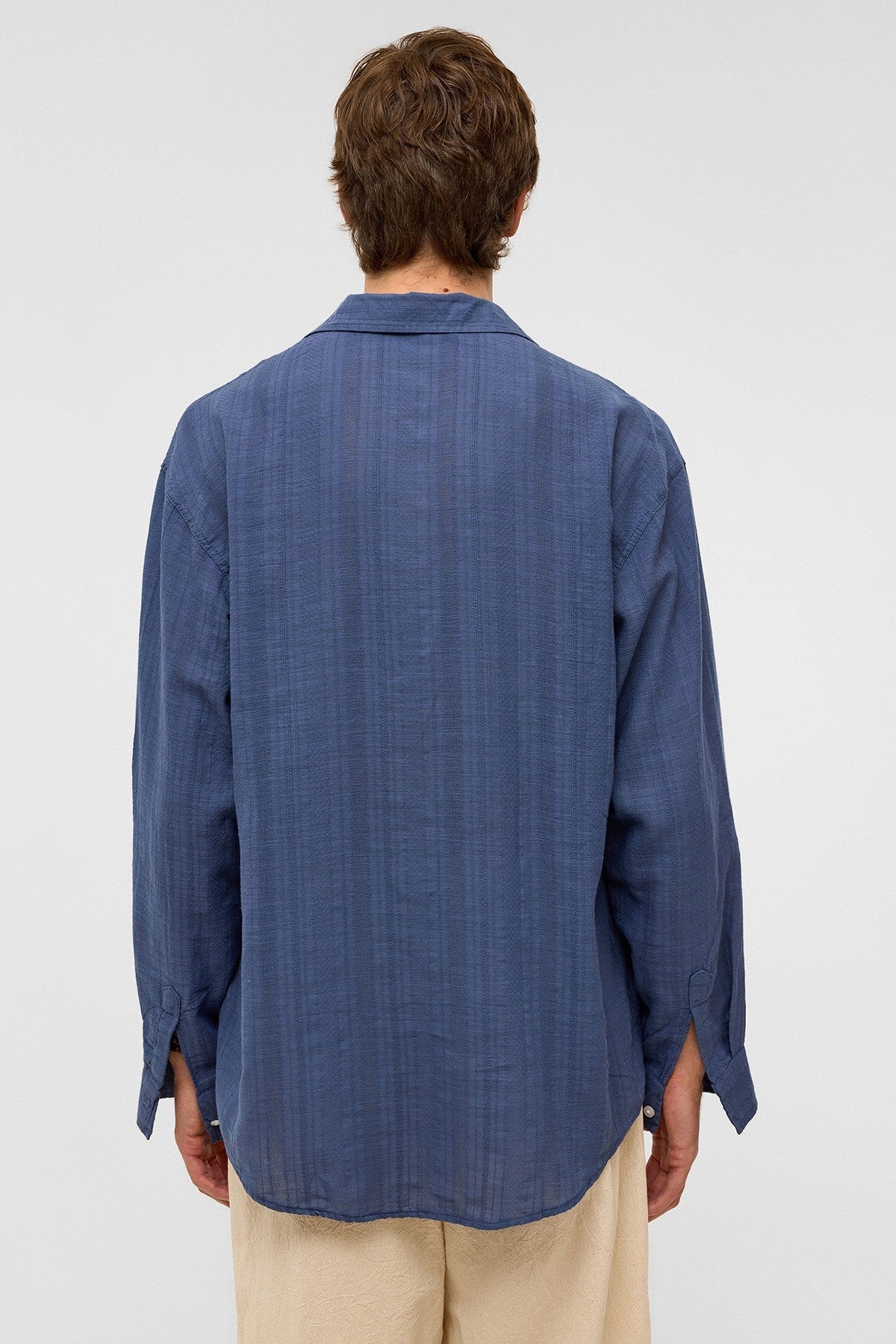 Oversize Çizgili Uzun Kollu Keten Gömlek