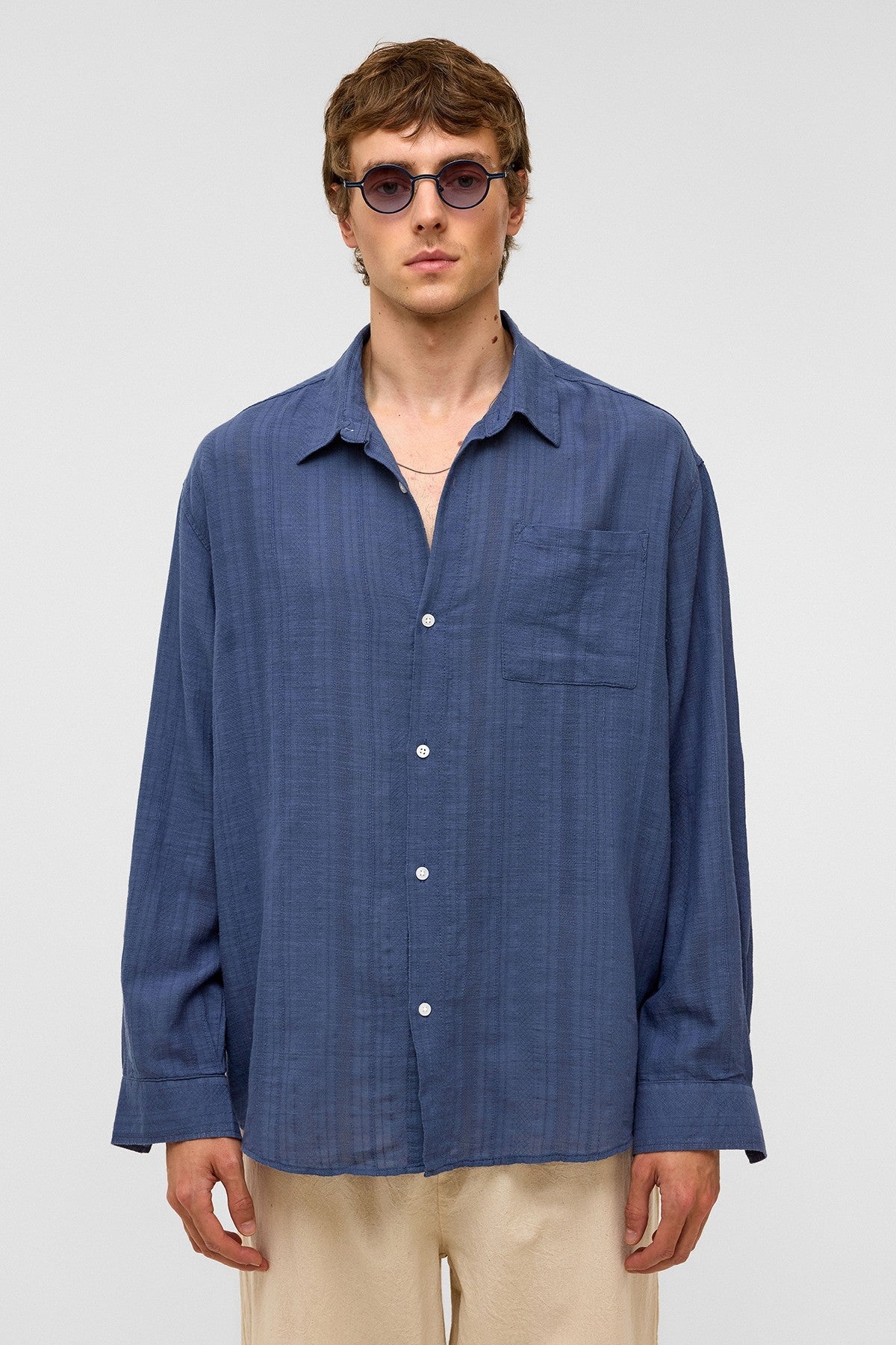 Oversize Çizgili Uzun Kollu Keten Gömlek