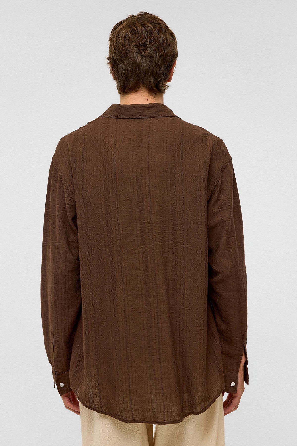 Oversize Çizgili Uzun Kollu Keten Gömlek