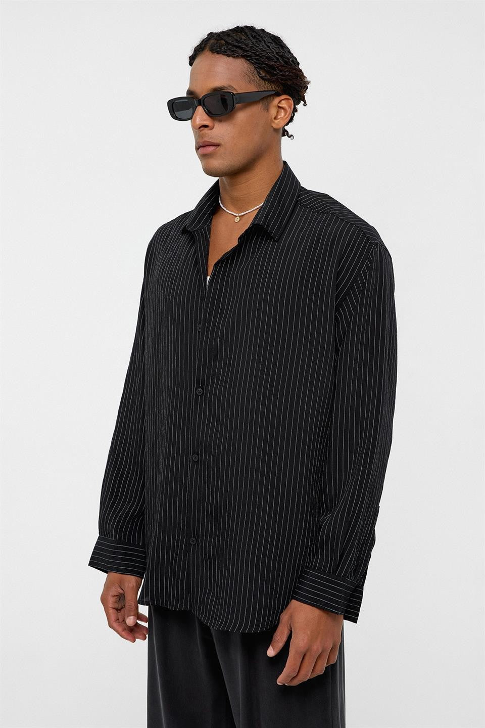 Oversize Çizgili Uzun Kollu Gömlek