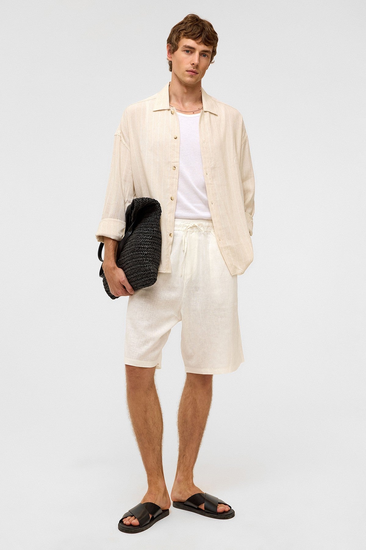 Oversize Uzun Kollu Çizgili Keten Gömlek