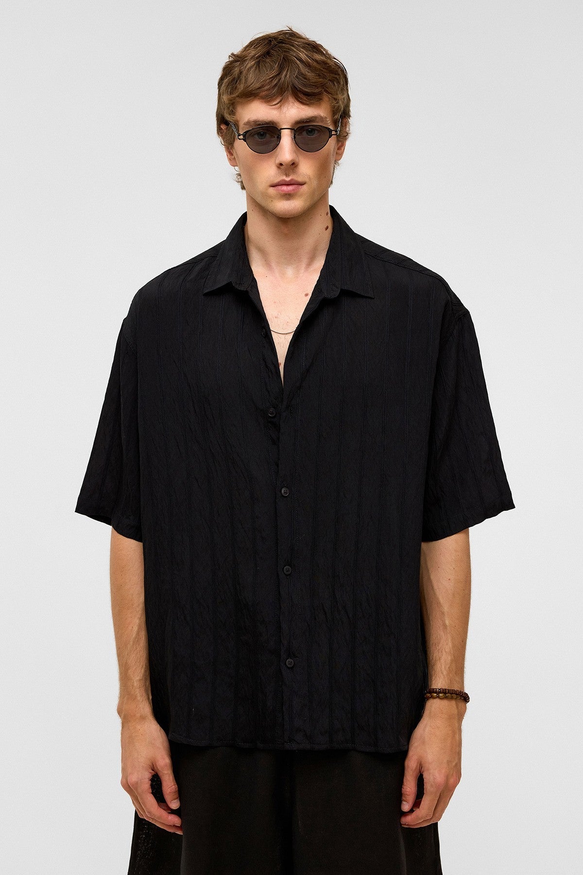 Oversize Çizgili Kısa Kollu Modal Kumaş Gömlek