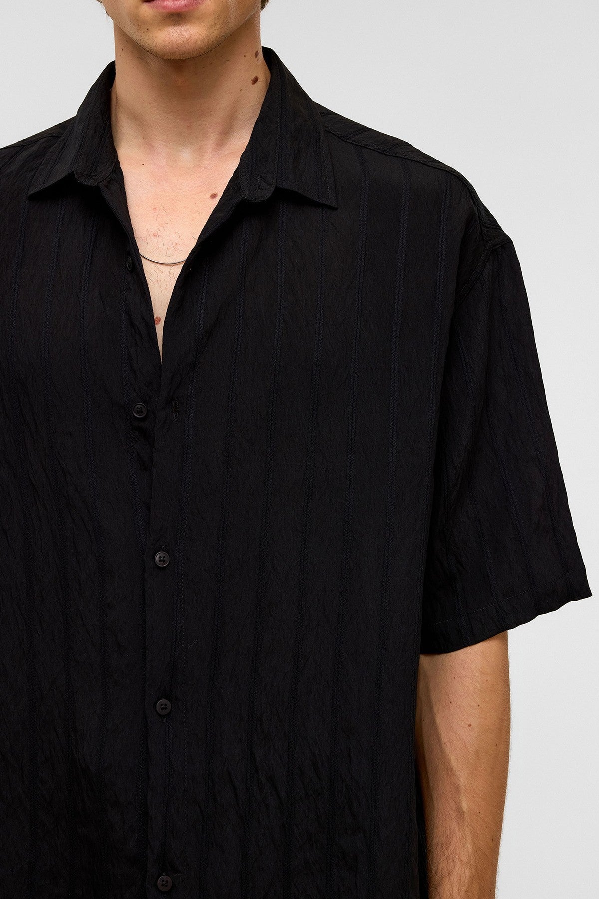Oversize Çizgili Kısa Kollu Modal Kumaş Gömlek