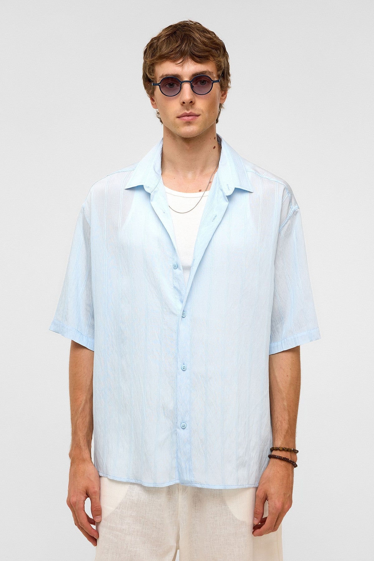 Oversize Çizgili Kısa Kollu Modal Kumaş Gömlek