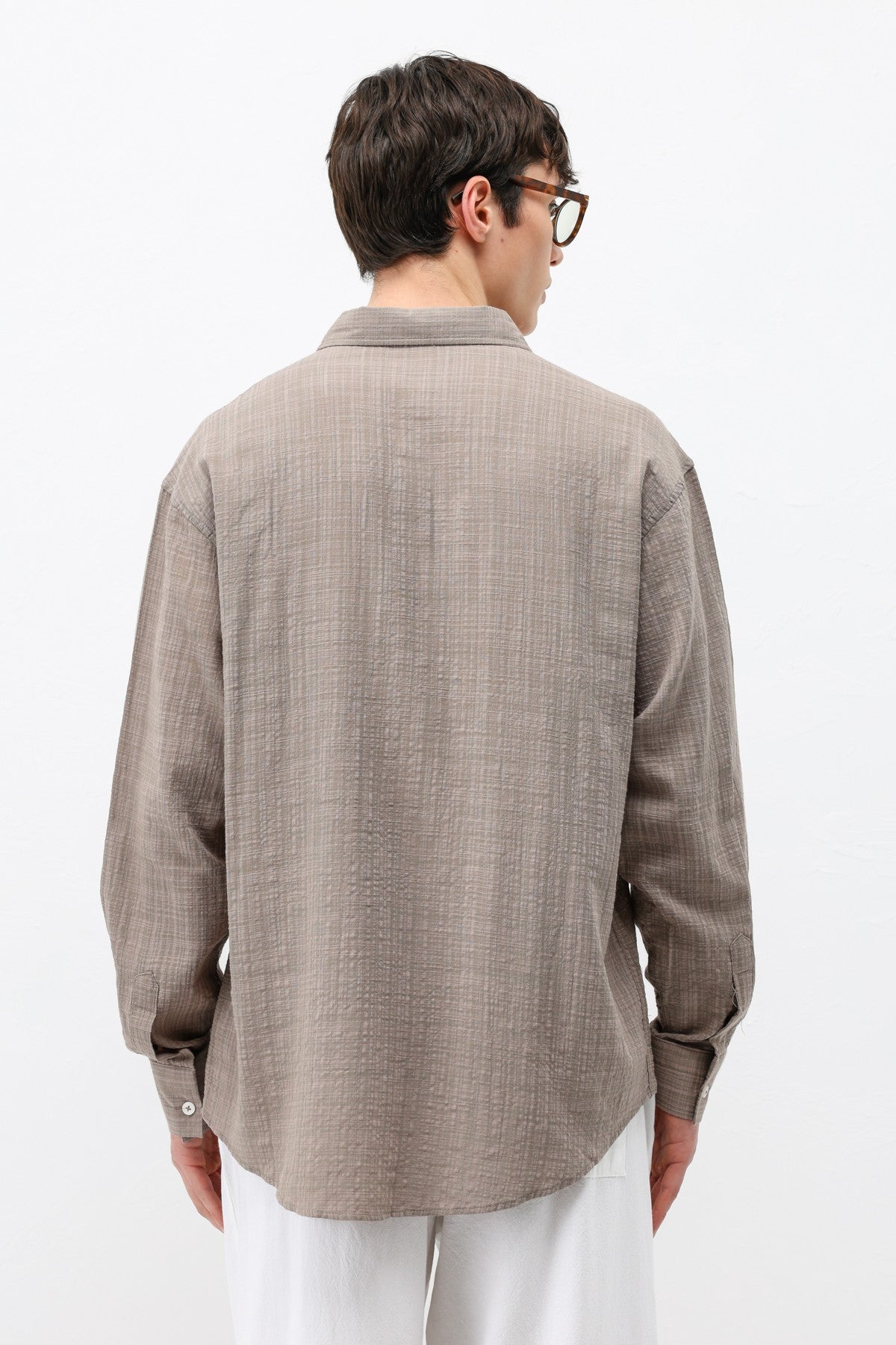 Dokulu Keten Görünümlü Oversize Gömlek