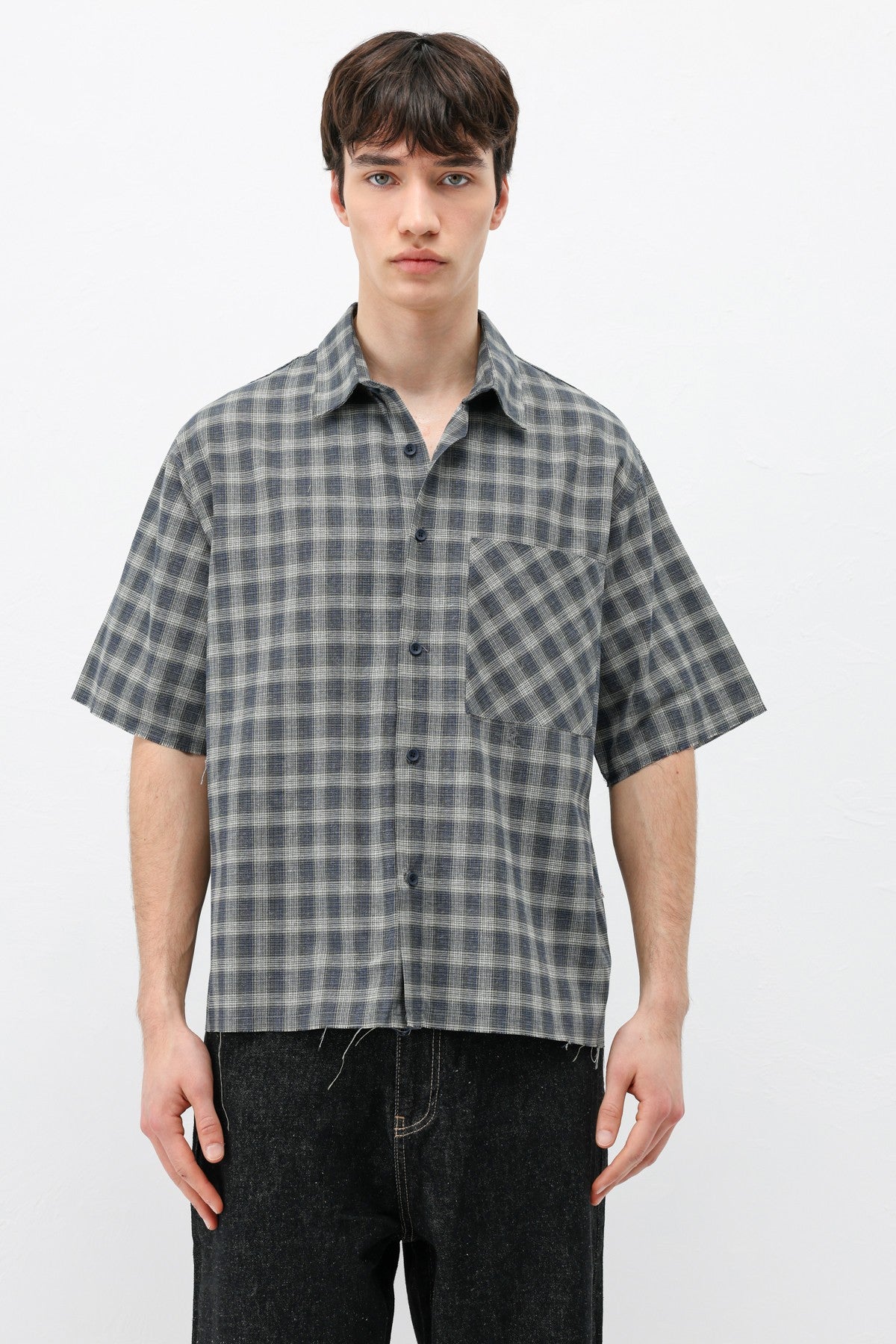 Kareli Kısa Kollu Oversize Gömlek