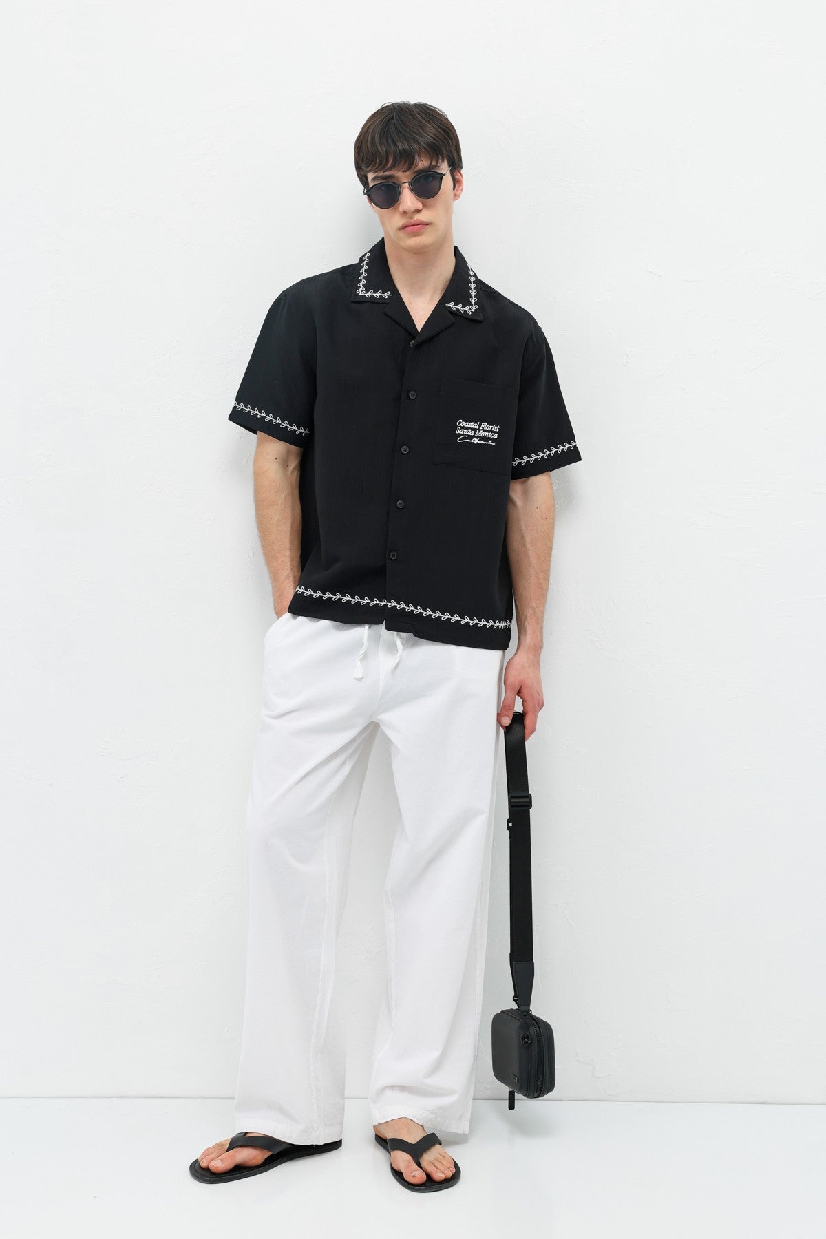 Oversize Yazı Baskılı Keten Gömlek