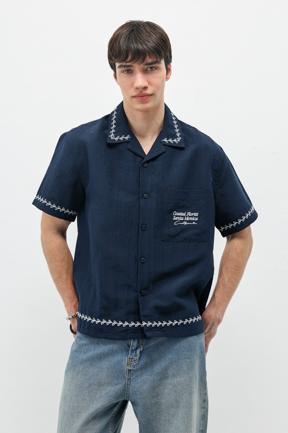 Oversize Yazı Baskılı Keten Gömlek