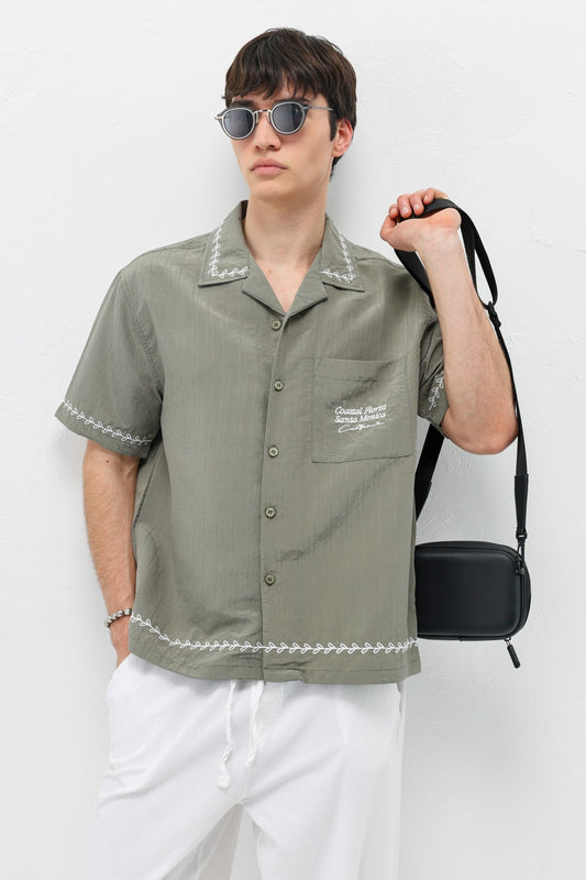 Oversize Yazı Baskılı Keten Gömlek