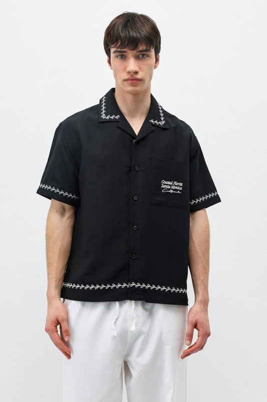 Oversize Yazı Baskılı Keten Gömlek