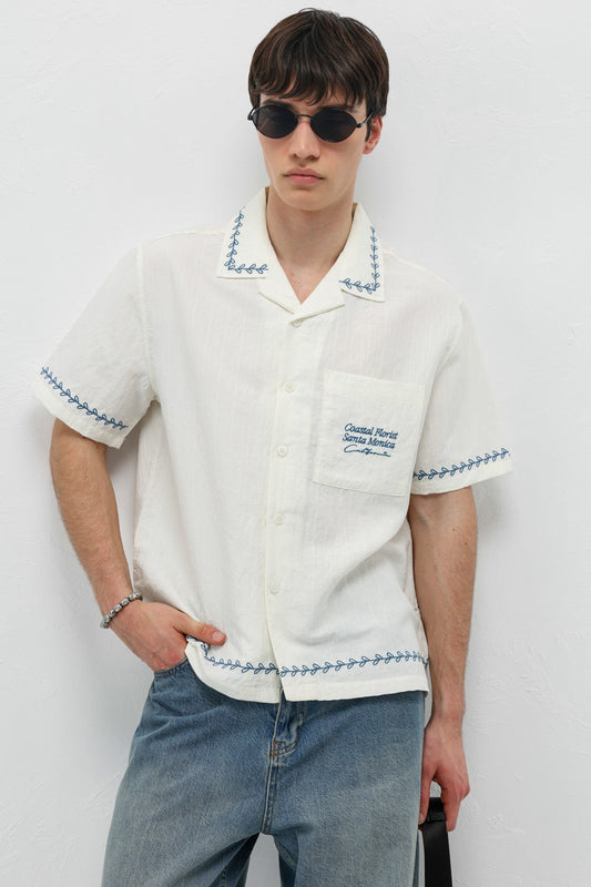 Oversize Yazı Baskılı Keten Gömlek