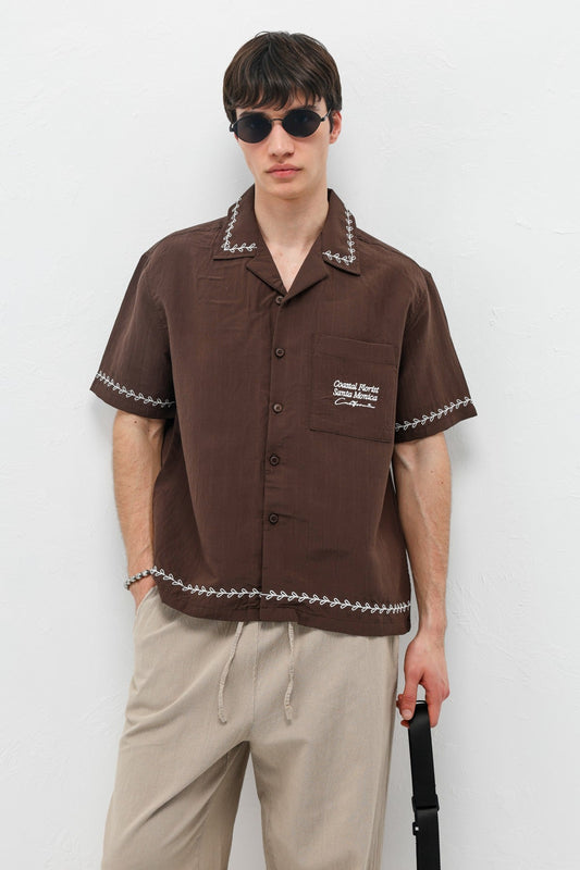 Oversize Yazı Baskılı Keten Gömlek