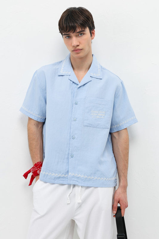 Oversize Yazı Baskılı Keten Gömlek