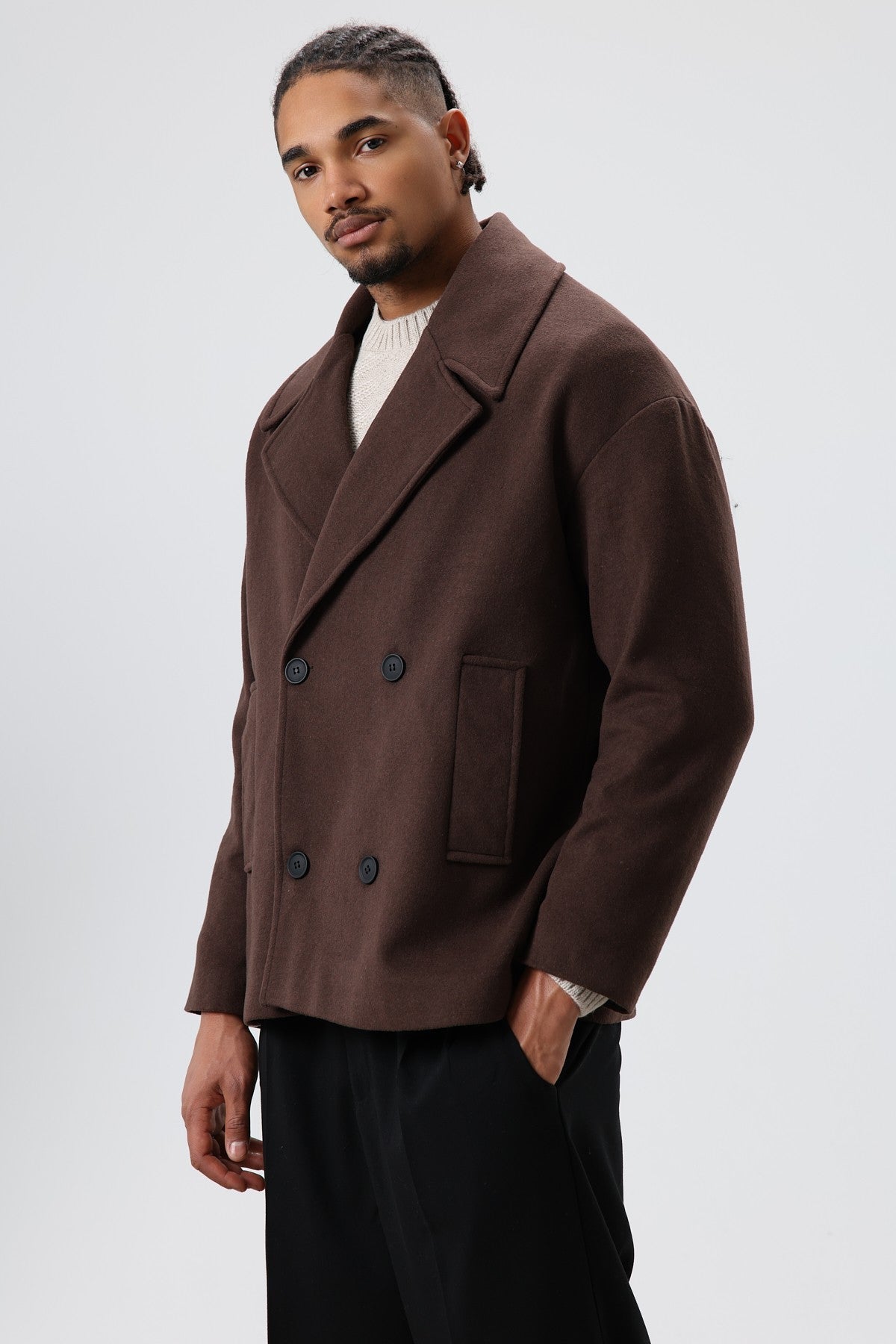 Oversize Kruvaze Kısa Kaşe Ceket