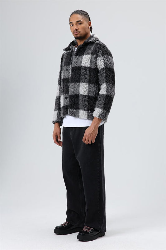 Oversize Peluş Ekose Ceket