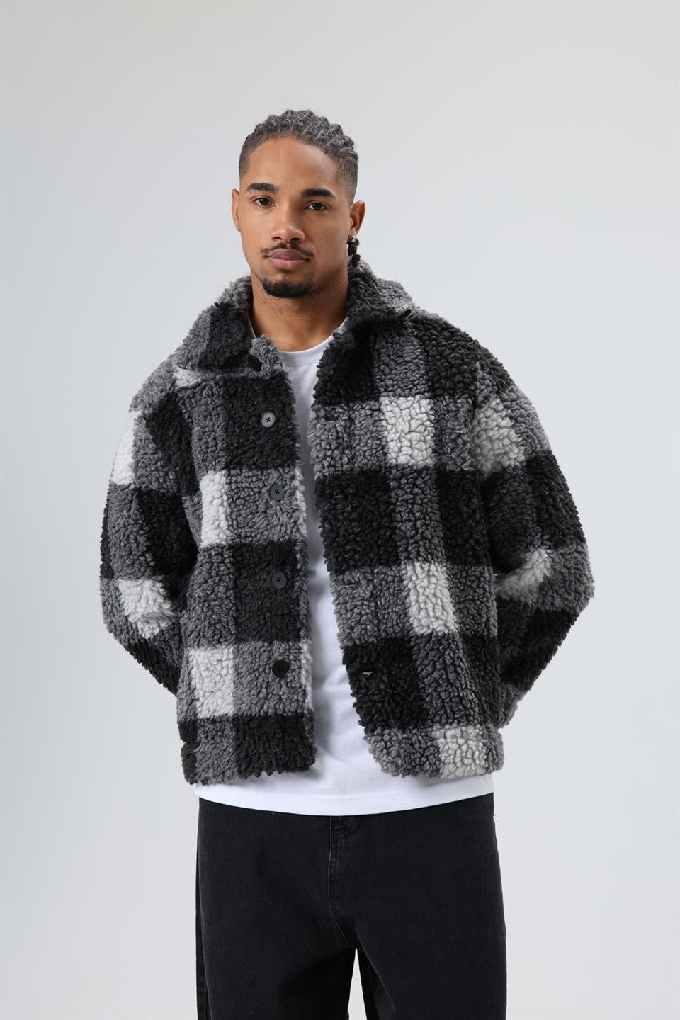 Oversize Peluş Ekose Ceket
