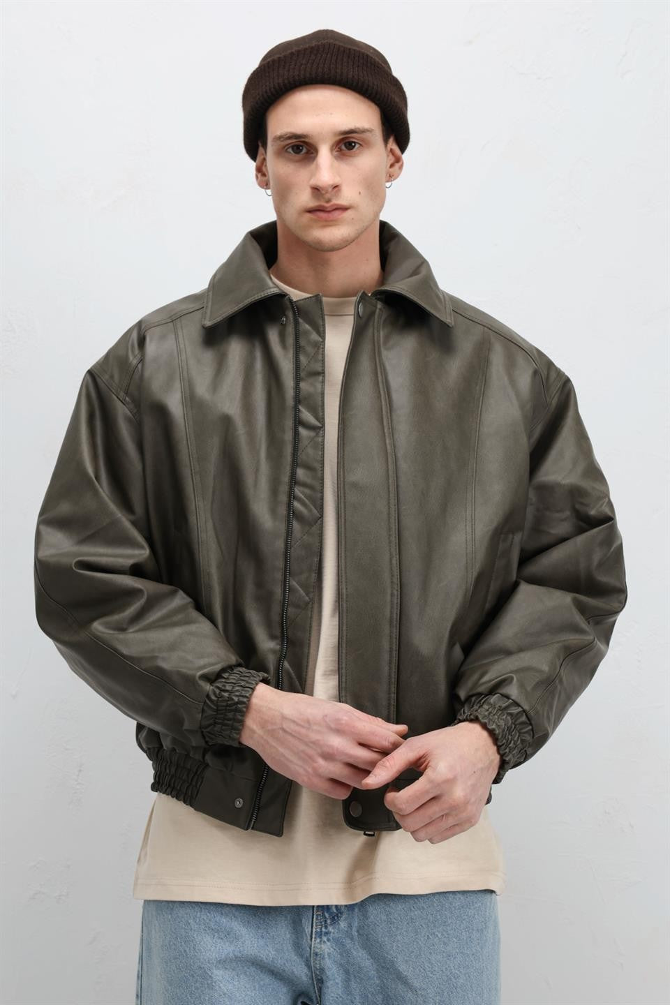 Oversize Deri Bomber Ceket