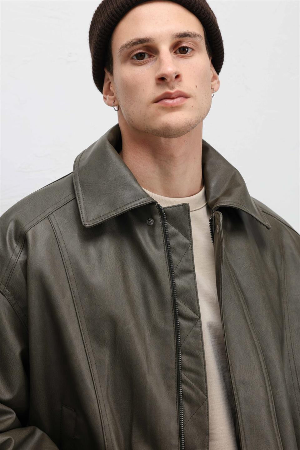 Oversize Deri Bomber Ceket