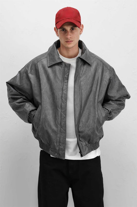 Oversize Deri Bomber Ceket