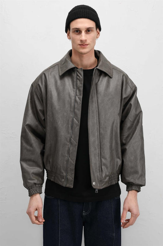 Oversize Deri Bomber Ceket