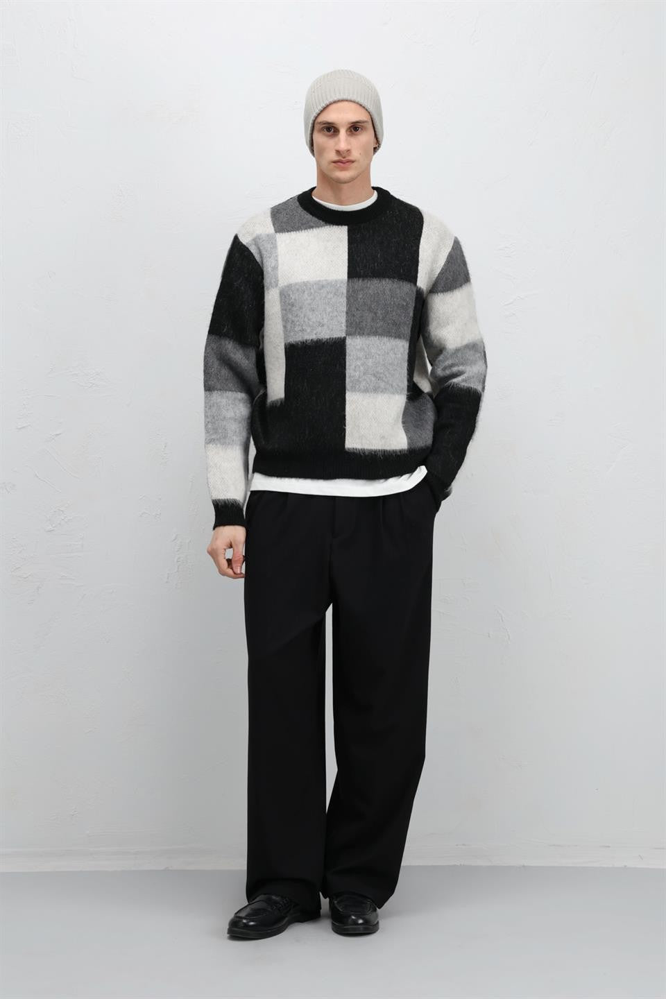 Oversize Kare Desenli Triko Kazak