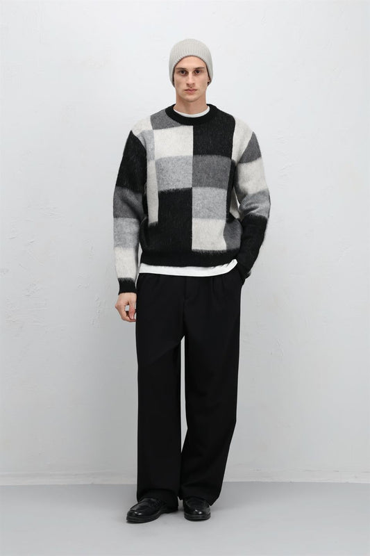 Oversize Kare Desenli Triko Kazak