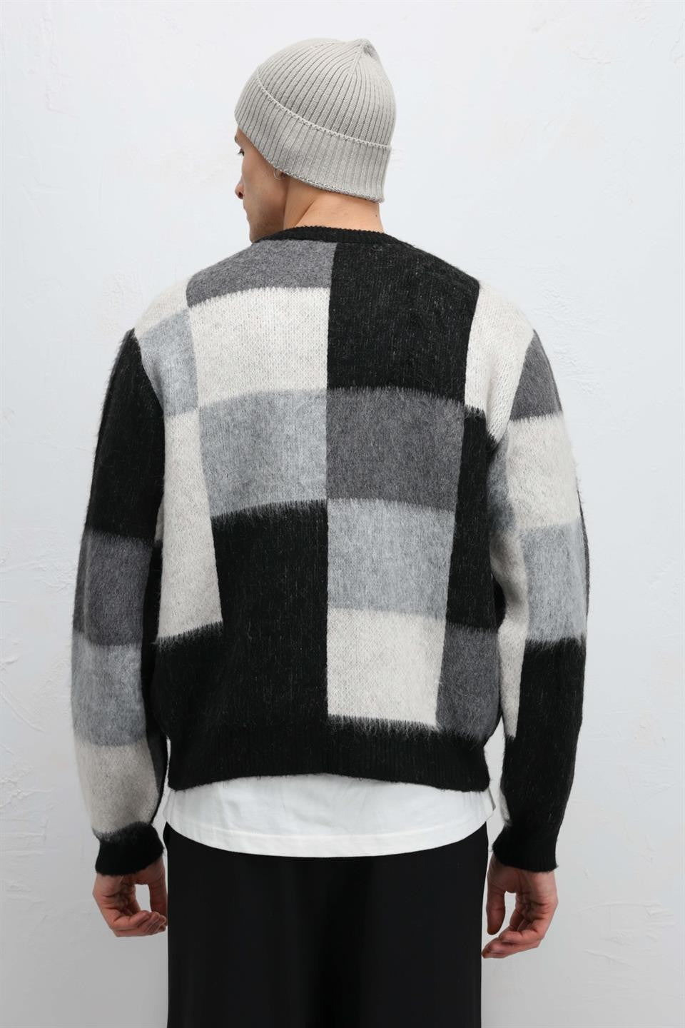 Oversize Kare Desenli Triko Kazak
