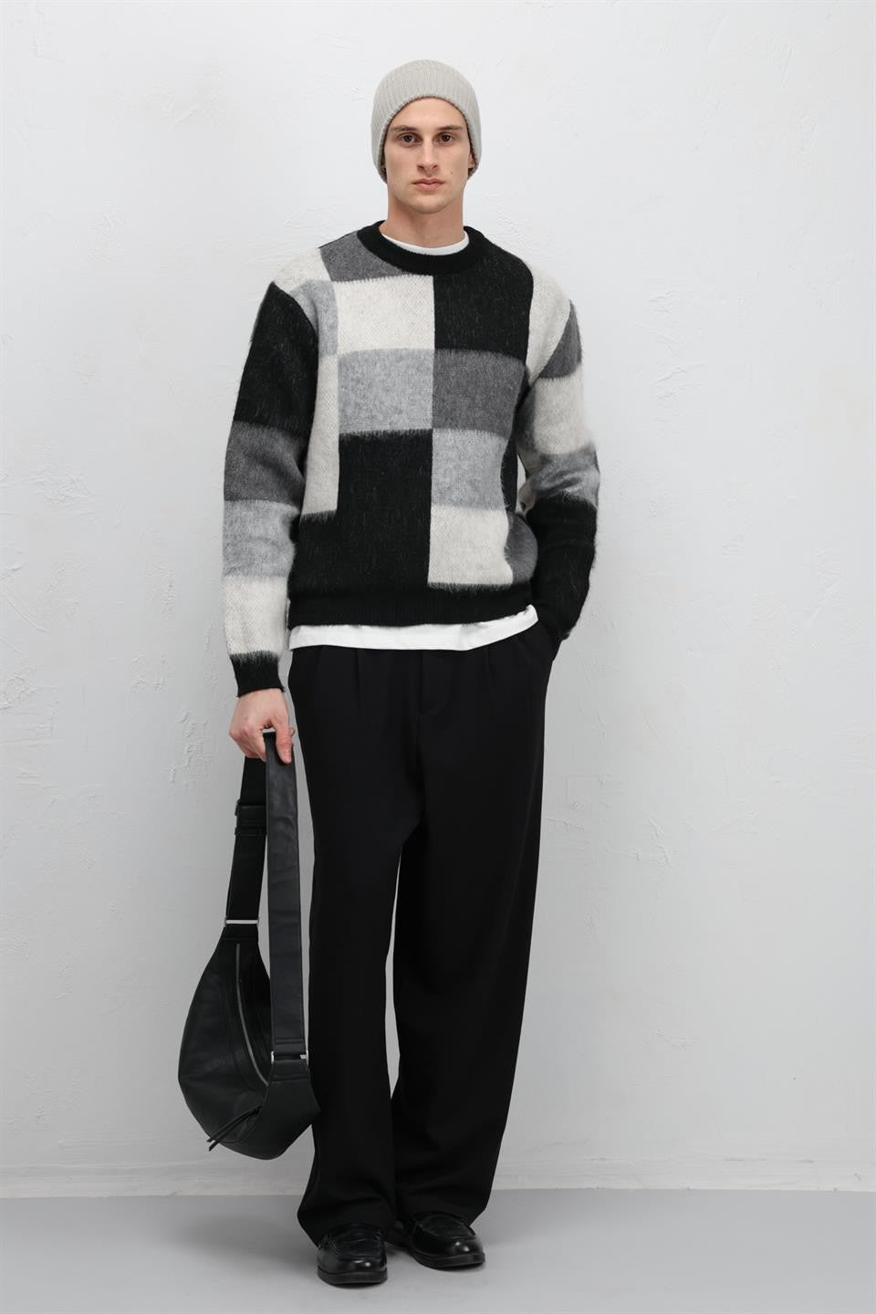 Oversize Kare Desenli Triko Kazak