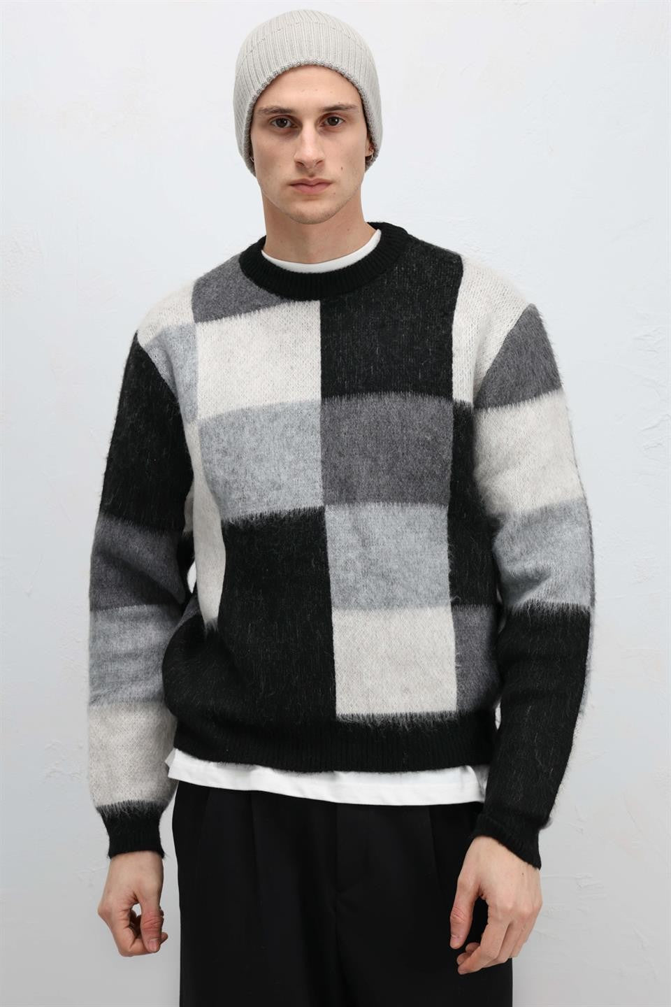 Oversize Kare Desenli Triko Kazak