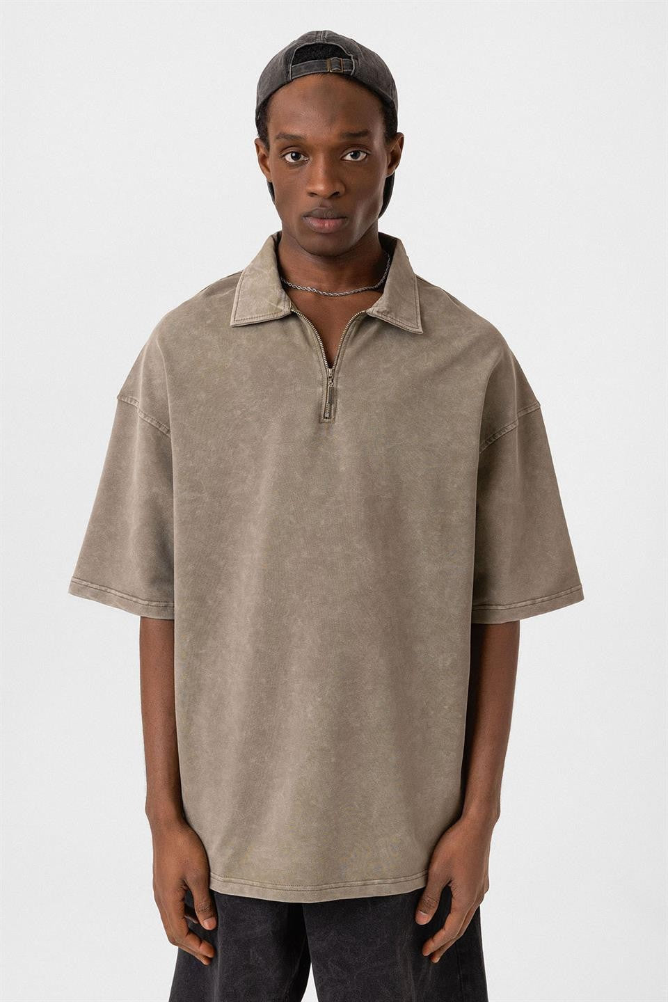 Polo Yaka Oversize Yıkamalı Tişört
