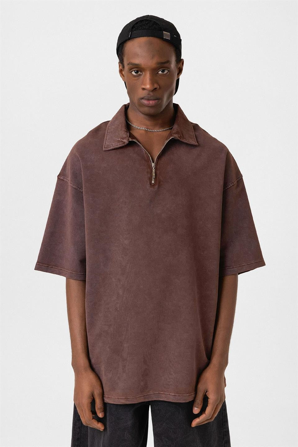 Polo Yaka Oversize Yıkamalı Tişört