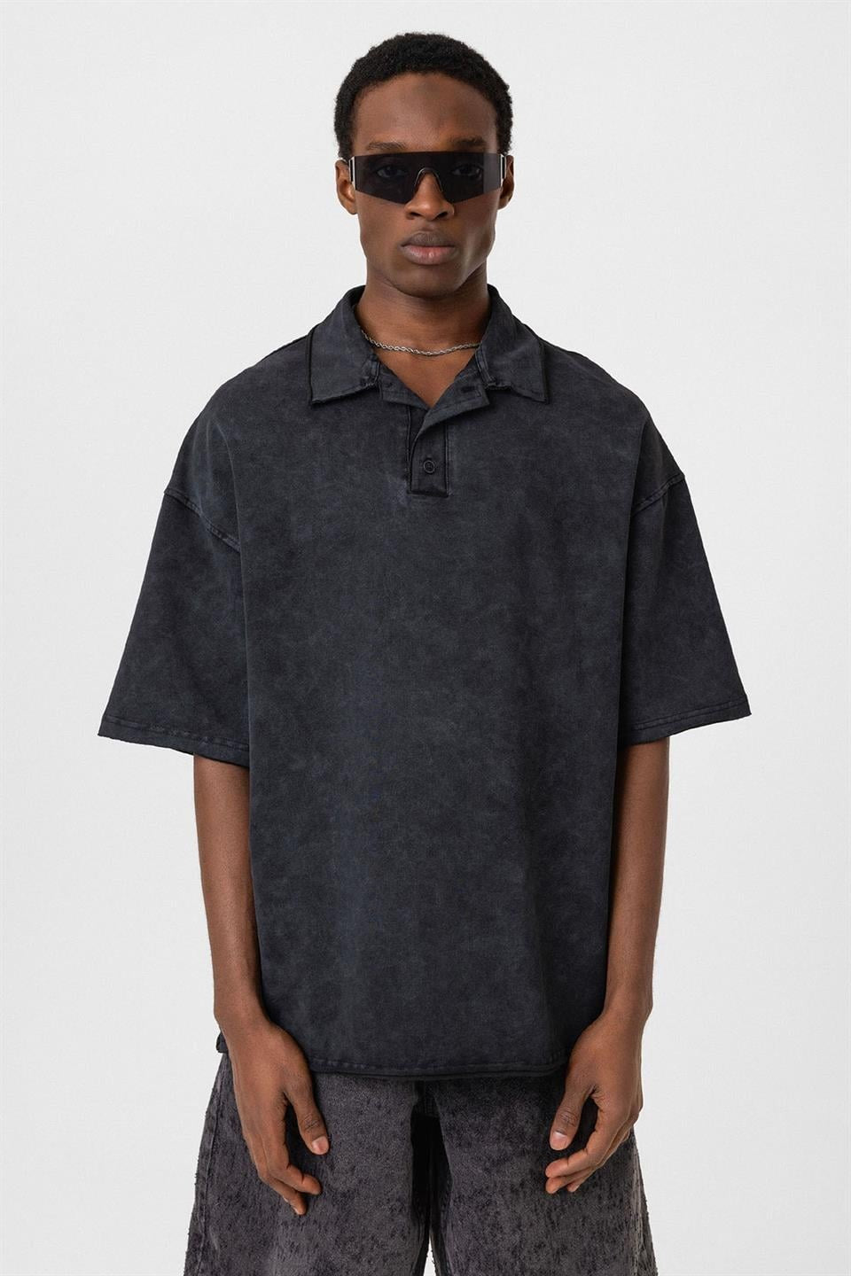 Polo Yaka Yıkamalı Oversize Tişört