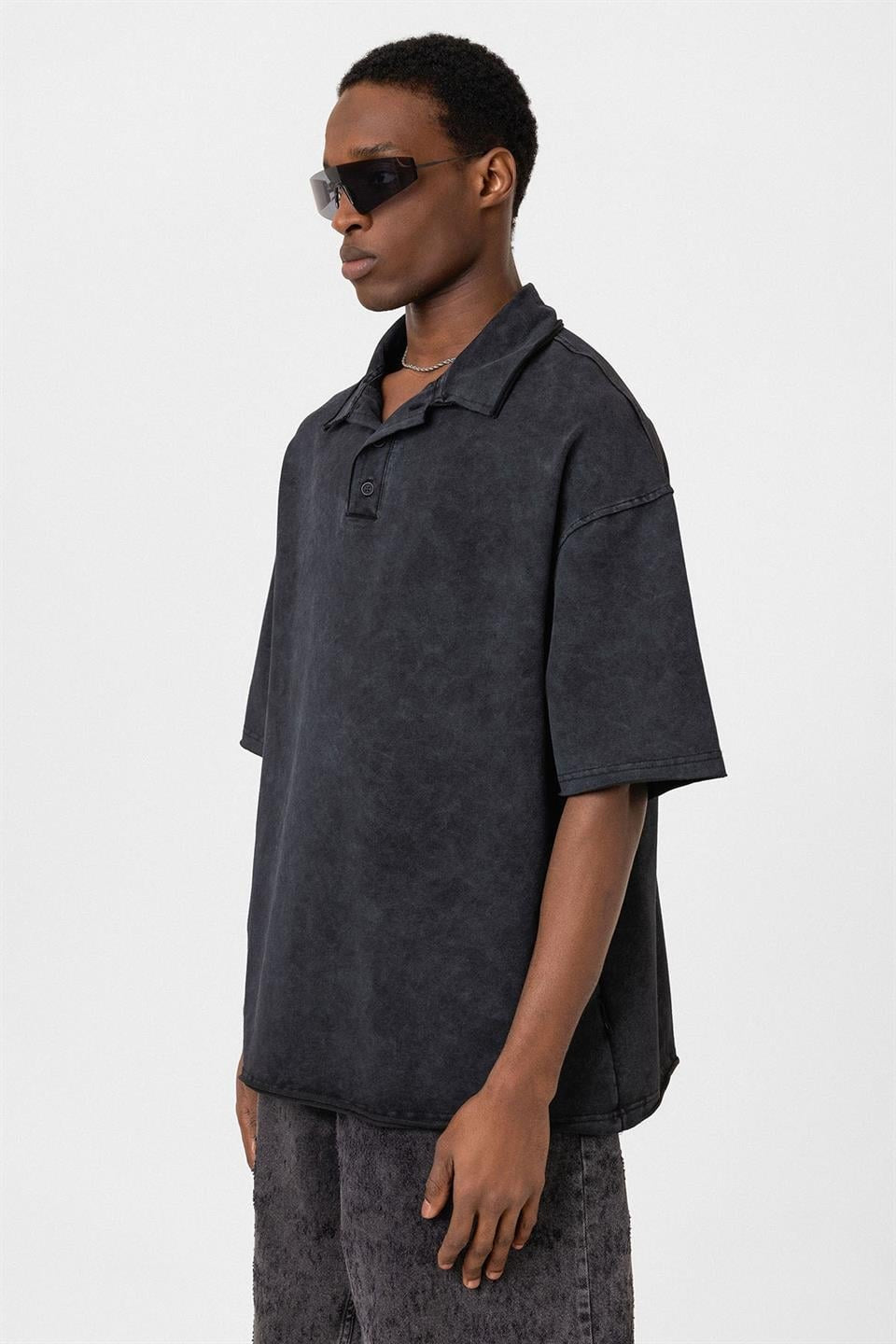 Polo Yaka Yıkamalı Oversize Tişört