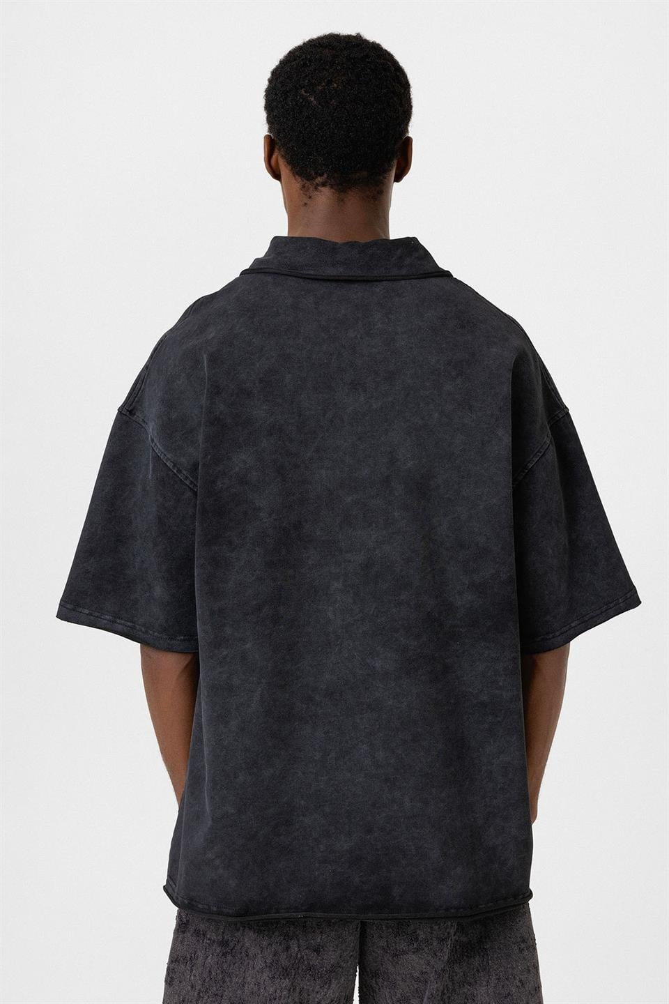 Polo Yaka Yıkamalı Oversize Tişört