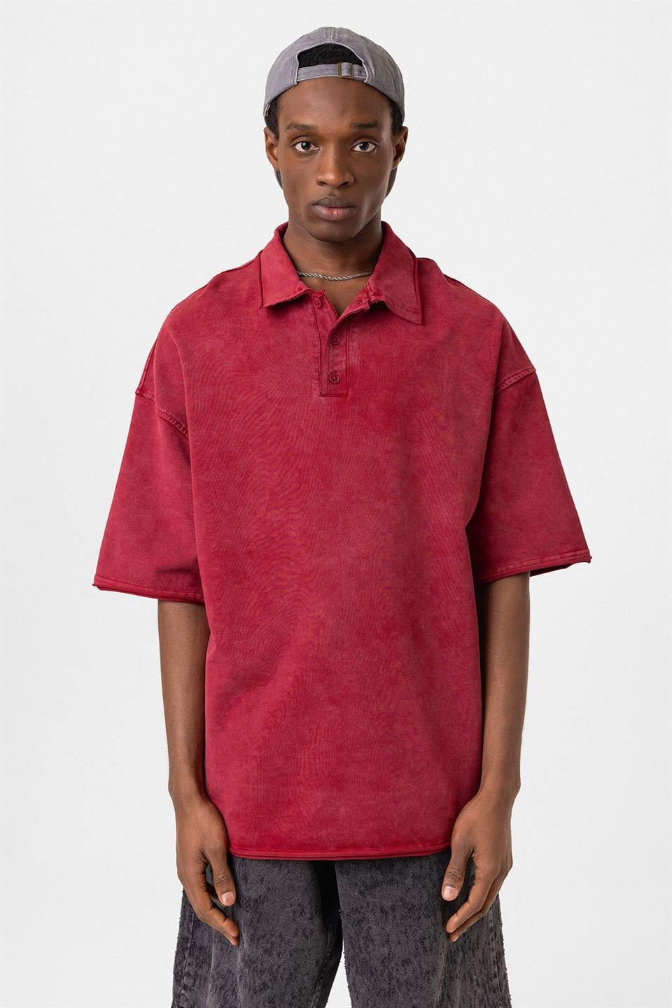 Polo Yaka Yıkamalı Oversize Tişört