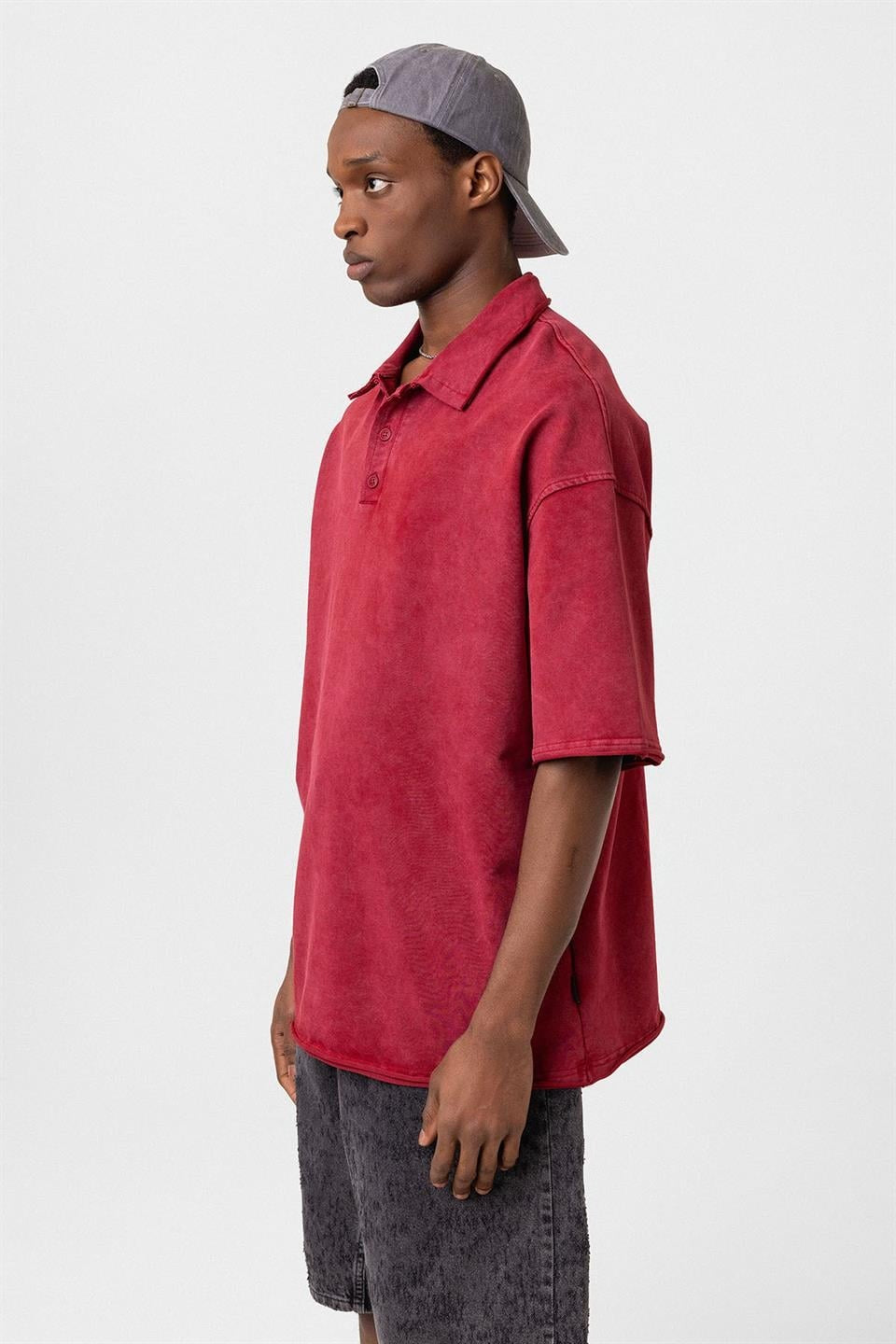 Polo Yaka Yıkamalı Oversize Tişört