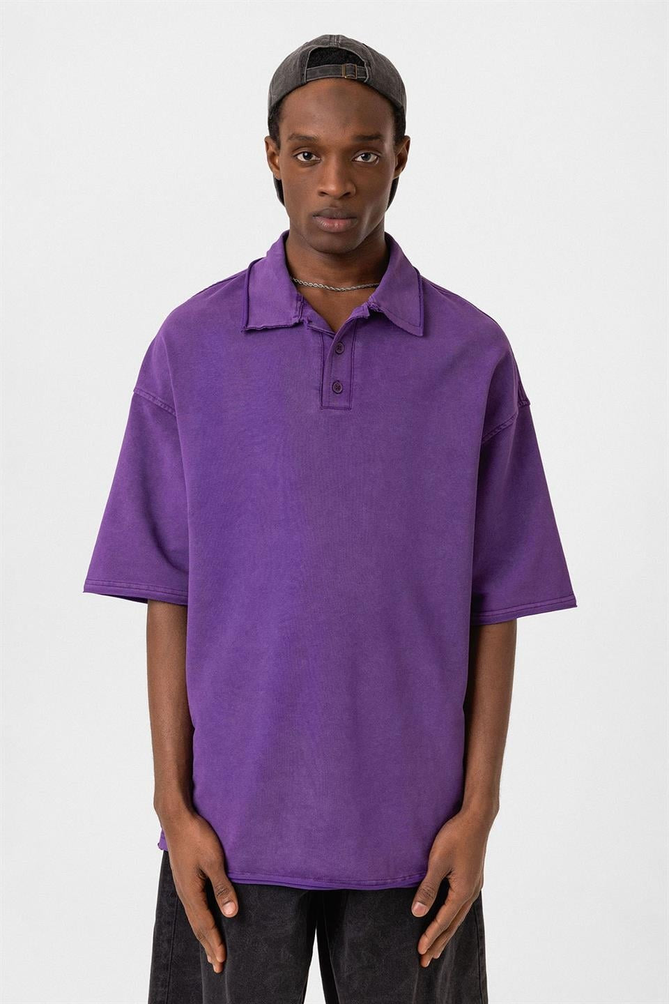Polo Yaka Yıkamalı Oversize Tişört