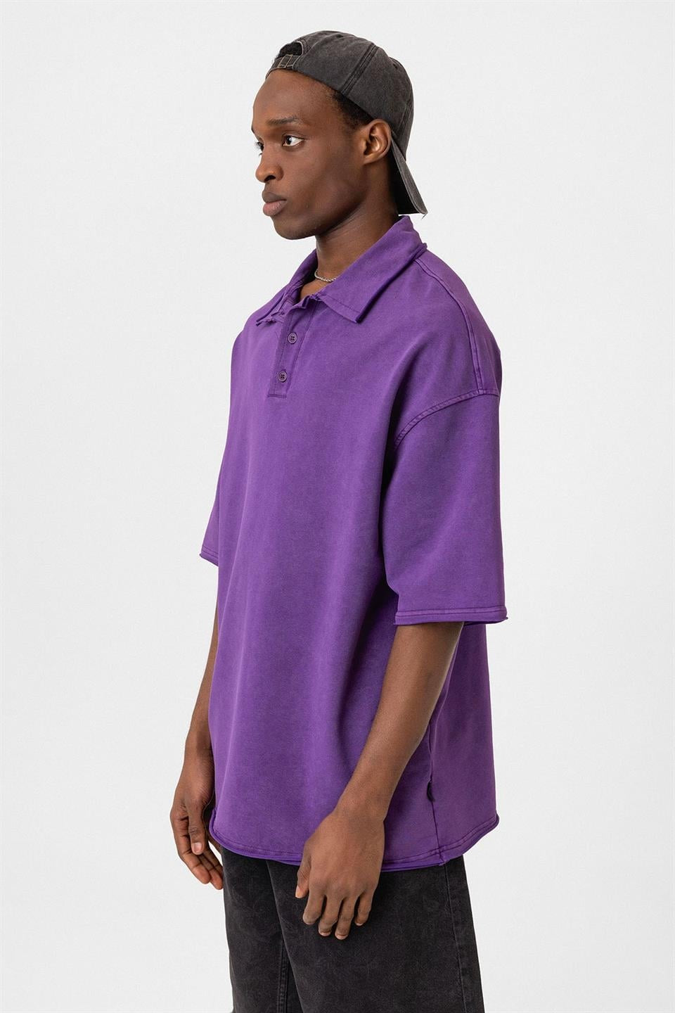 Polo Yaka Yıkamalı Oversize Tişört