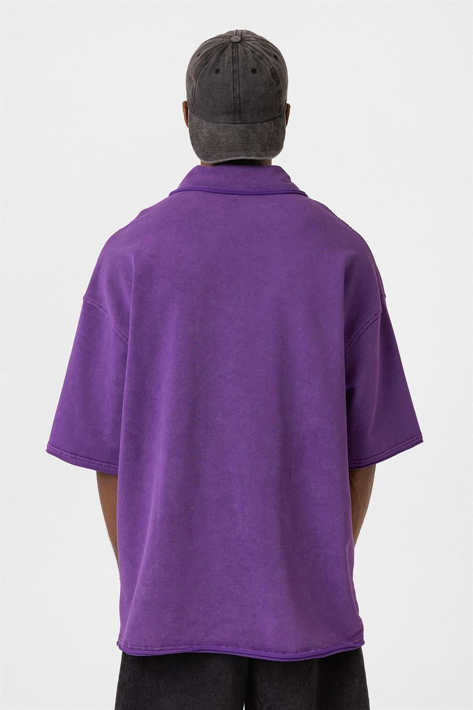 Polo Yaka Yıkamalı Oversize Tişört
