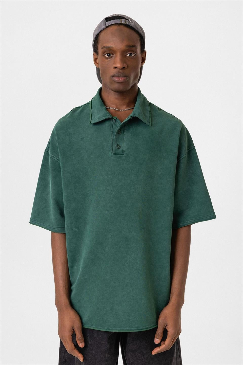 Polo Yaka Yıkamalı Oversize Tişört