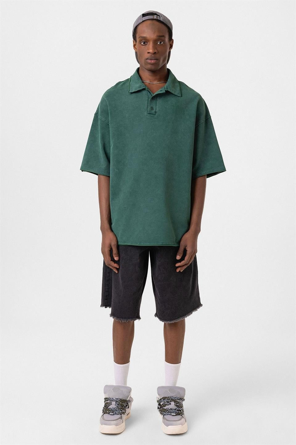 Polo Yaka Yıkamalı Oversize Tişört