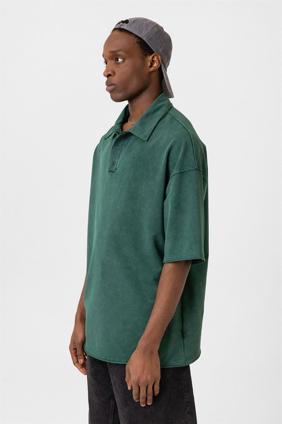 Polo Yaka Yıkamalı Oversize Tişört