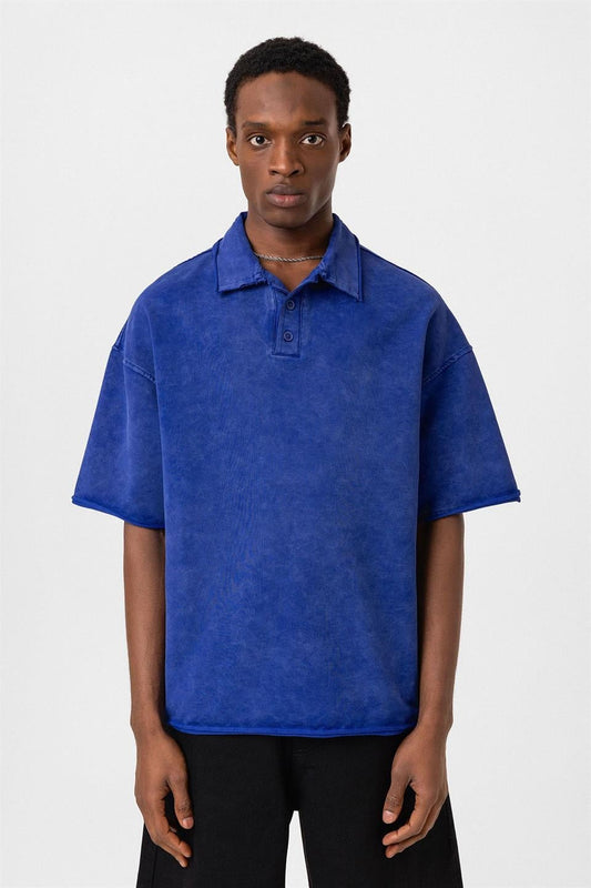 Polo Yaka Yıkamalı Oversize Tişört